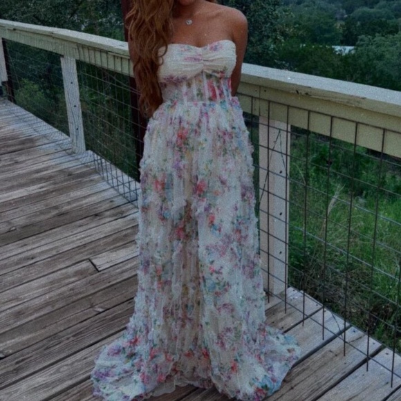 Luxe Floral Print Ruched Corset Party Wedding Formal Dress - Picture 5 of 8